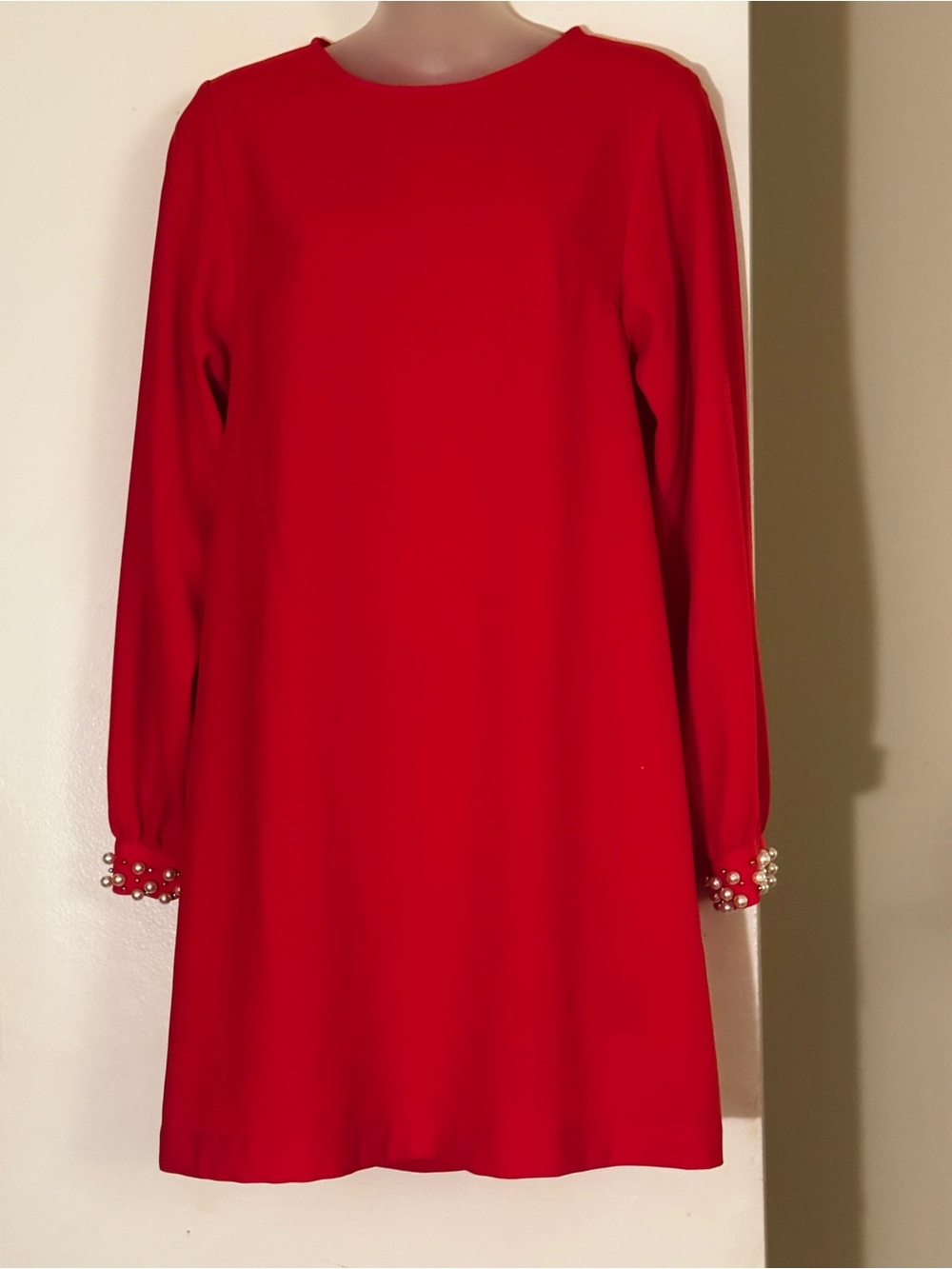 H&M Red Long-Sleeve Shift Dress with Pearl Cuffs